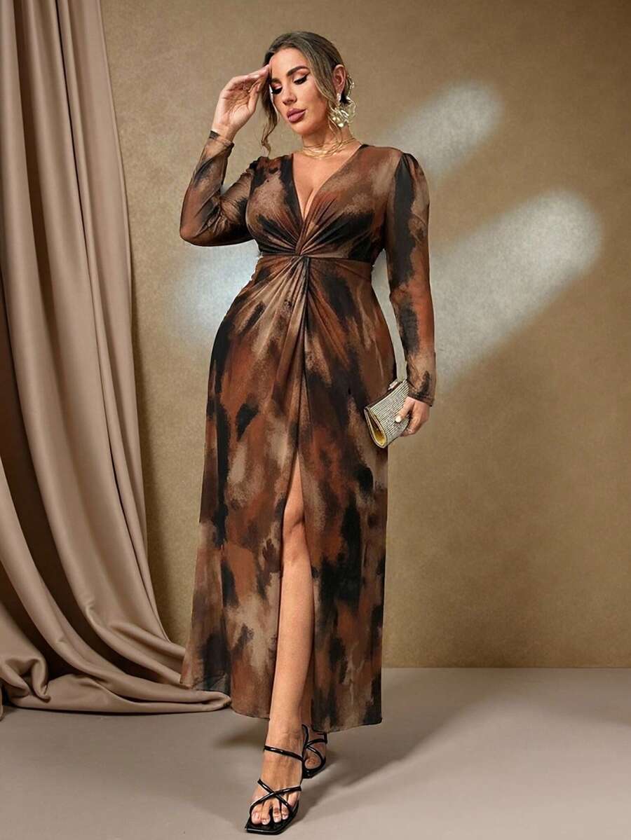 Roveilla Plus Size Floral Print Twist Design Elegant Elegante Long Sleeve Dress Maxi Women Outfit Long Brown Checkered Dress Maxi Dress Elegant Dress Women Earth Tone Dress Dress Cocktail Party Autumn - Brown - View 1