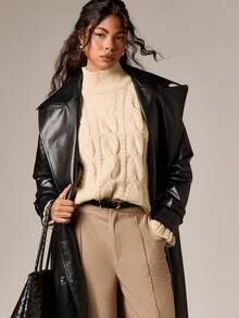 AiiRZ Cable Knit Turtleneck Pullover Sweater With Classic Pattern Fall Winter Cozy Knitwear - Apricot - View 5