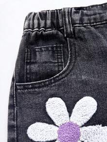Young Girl Y2k Vintage Washed Flower Flocking Jeans, School, Campus, Autumn And Winter Holiday Jeans, Fashionable, Vintage Washed Denim Trousers, 90s - Dark Grey - View 7