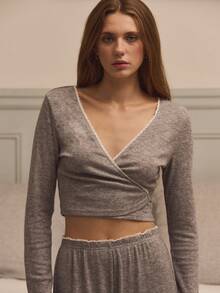 lacRébo 舒适柔软触感罗纹针织家居服睡衣套装，裹身式上衣搭配高腰阔腿裤，秋冬可爱睡衣套装 - 灰色 - 查看 3