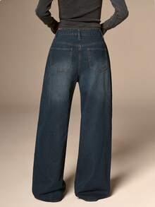 Avantive Damskie jesienno-zimowe, codzienne, do pracy, proste, uniwersalne, z niskim stanem, luźne, proste, jeansowe, swobodne, stylowe - Ciemny jeans - Zobacz 2