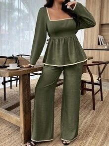 Weeklong Bộ 2 món áo sơ mi tay dài cổ vuông viền bèo nhún cỡ lớn dành cho nữ - xanh quân đội - Xem 1