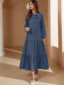 Mulvari Tie Neck Lantern Sleeve Ruffle Hem Dress Maxi Women Outfit - Dusty Blue - View 3