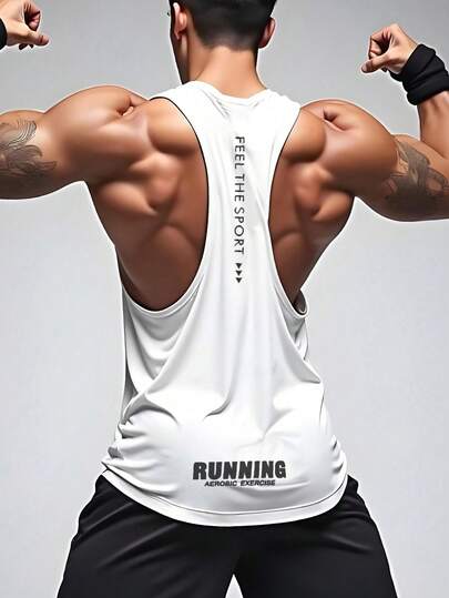 Manfinity Sport Corelite Camiseta sin mangas deportiva para hombres, camiseta de tirantes, top de tanque - Entrenamiento y gimnasio y entrenamiento, corte de brazo caído, absorción de humedad, transpirable, secado rápido, impresión gráfica con letra blanca, ajuste regular, cuello de pico, elástico medio