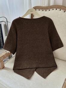 Modelyn Plus Size Solid Color V-Neck Button Front Casual Short Sleeve Sweater Fall - Coffee Brown - View 2