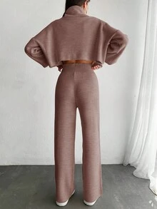 EURMUSE 2pcs Women Casual Long Sleeve Top And Pants Set - Dusty Pink - View 2