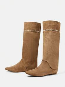 Styleloop Modische Retro-Kniehohe Stiefel mit verstecktem Keilabsatz für Damen - Aprikosenfarben - Übersicht 8
