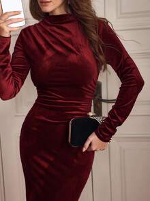 Louniche Women Elegant Velvet Asymmetric Ruffle Split Hem Dress Burgundy Maxi Women Outfit Fall Cloth For Women - Burgundy - View 6