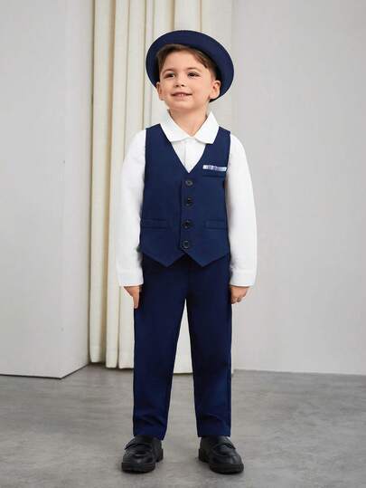 2pcs Young Boy Gentleman Outfit - Striped Lapel Waistcoat Suit + Trousers, Elegant Formal Attire For Birthday Party, Wedding, Anniversary, Graduation