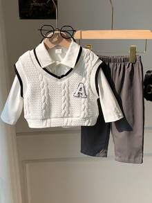 SHEIN 男婴/男婴三件套：白色长袖衬衫、针织背心外套和长裤。绅士西装，舒适休闲时尚学院风，适合室内、户外、日常穿着、运动、玩耍、派对、拍照、节日、圣诞节、圣诞礼物、运动服、街头服饰、秋冬 - 黑與白 - 查看 7