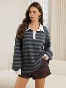 Modelyn Contrast Color Collar Striped Patchwork Long Sleeve Loose Fit Women's Sweatshirt, Winter - Multicolor - View 5