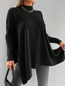 EURMUSE Mock Neck Batwing Sleeve Sweater - Black - View 5