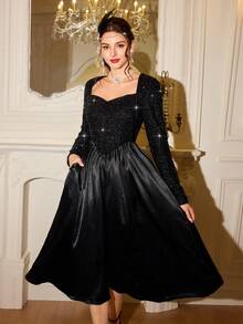 Vintamour Váy nữ thanh lịch cổ điển, vải satin chắp vá, cổ trái tim, tay dài, trang trọng, tiệc cocktail, kỳ nghỉ, quần áo mùa đông cho nữ, váy mùa đông cho nữ, trang phục Halloween cho nữ, quần áo Giáng sinh, trang phục Giáng sinh cho nữ, quần áo Giáng sinh, váy Giáng sinh, váy dự tiệc Giáng sinh, quần áo năm mới, trang phục năm mới, váy dự tiệc, váy dự tiệc thanh lịch, váy dự tiệc thanh lịch, váy dự tiệc thanh lịch, váy dự tiệc kim sa - màu đen - Xem 6