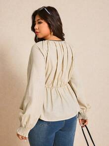 Elaquor Blusa casual de talla grande para mujer con cuello en V, unicolor, cintura plisada y todo a juego - Albaricoque - Ver 2