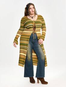 ROMWE Fairycore Vintage Elegant Mori Style Fairy Striped Long Knitted Drawstring Cardigan, Cottagecore Plus Size Mori Style Long Knitted Sweater Cardigan/Winter - Green - View 5