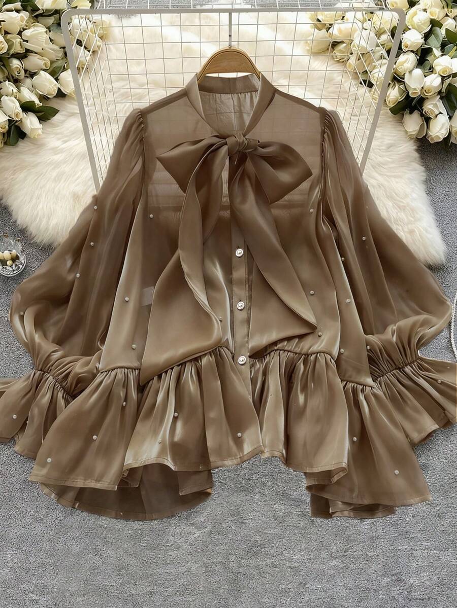 DreamSkyne Plus Size Women's Pearl Beaded Bow Flare Sleeve Elegant Blouse