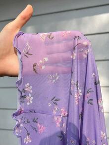 GalTyme Plus Size Women's Summer Vacation Mesh Sheer Purple Floral Pattern Ruffle Hem Fitted Short Sleeve T-Shirt - Multicolor - View 6