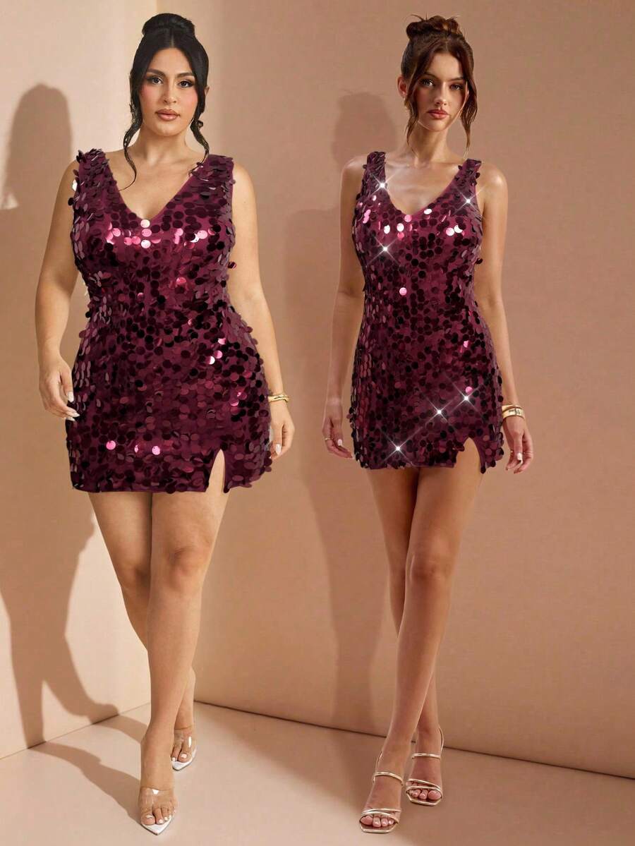 SHEIN BAE 深 V 领紧身迷你连衣裙，开衩，紧身剪裁，适合宴会、活动、派对、鸡尾酒会、夜间外出、夏季商务休闲女士 - 酒紅色 - 查看 1