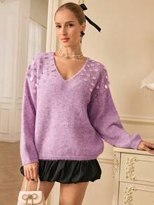 Chiquease Romantic V-Neck Loose Sequin & Rhinestone Embellished Floral Mesh Sweater For Women, Comfortable Pullover - Purple - View 4