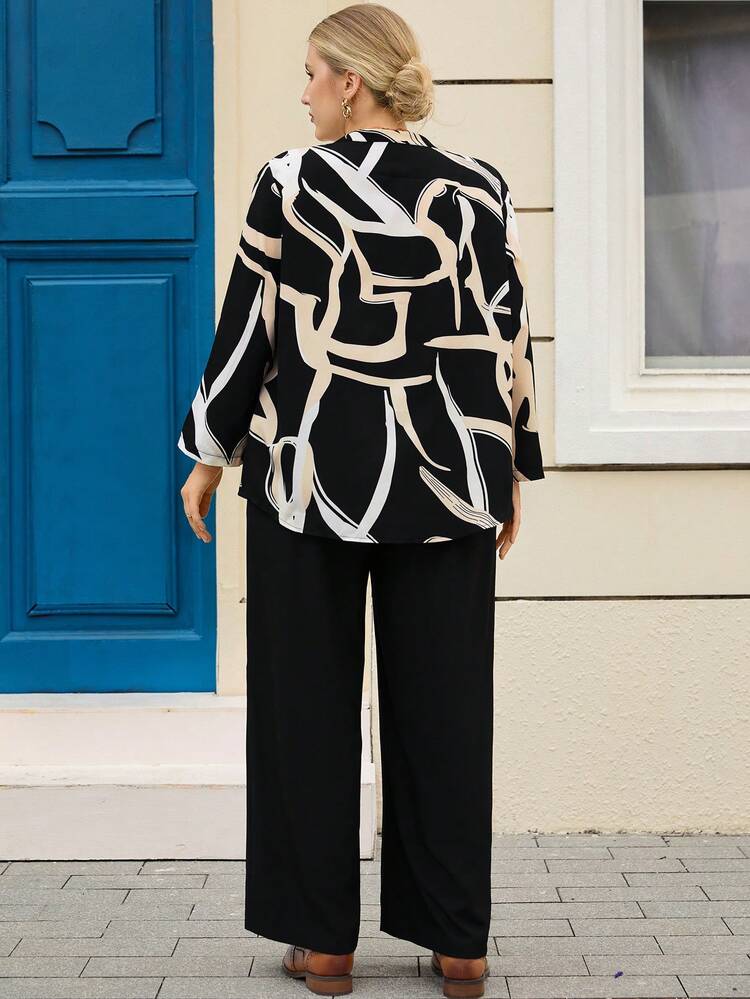 2pcs Plus Size Women Winter Elegant Casual Street Fashion Casual Vacation  Long Sleeve  Geometric Printed Shirt And Black Pants Set With Pockets, Autumn,Going Out Outfits,2025 New Clothes,Simple And Fashionable For Everyday Wear,Christmas Outfit For Women ,New Year Clothes,Plus Size Winter Clothes, Christmas Outfit For Women ,New Year Clothes,Thanksgiving Outfit For Women ,Black Pant Sets