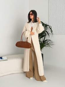 Ronhire Apricot Plush Extra Long Cardigan,Women's Solid Color Casual Knit Cardigan,Fall Women Outfits,Winter Women Clothes,Women Sweaters ,Soft And Comfortable Fabric Warm, Simple Fashion, Old Money Style, Suitable For Daily Street, Commuting, Home Wear,Ladies Winter Casual Drop Shoulder Loose Khaki Plain Women Cardigans,Casual Daily Wear Long Cardigans Ladiesduster Cardiganlong Sweater Cardigan - Khaki - View 1