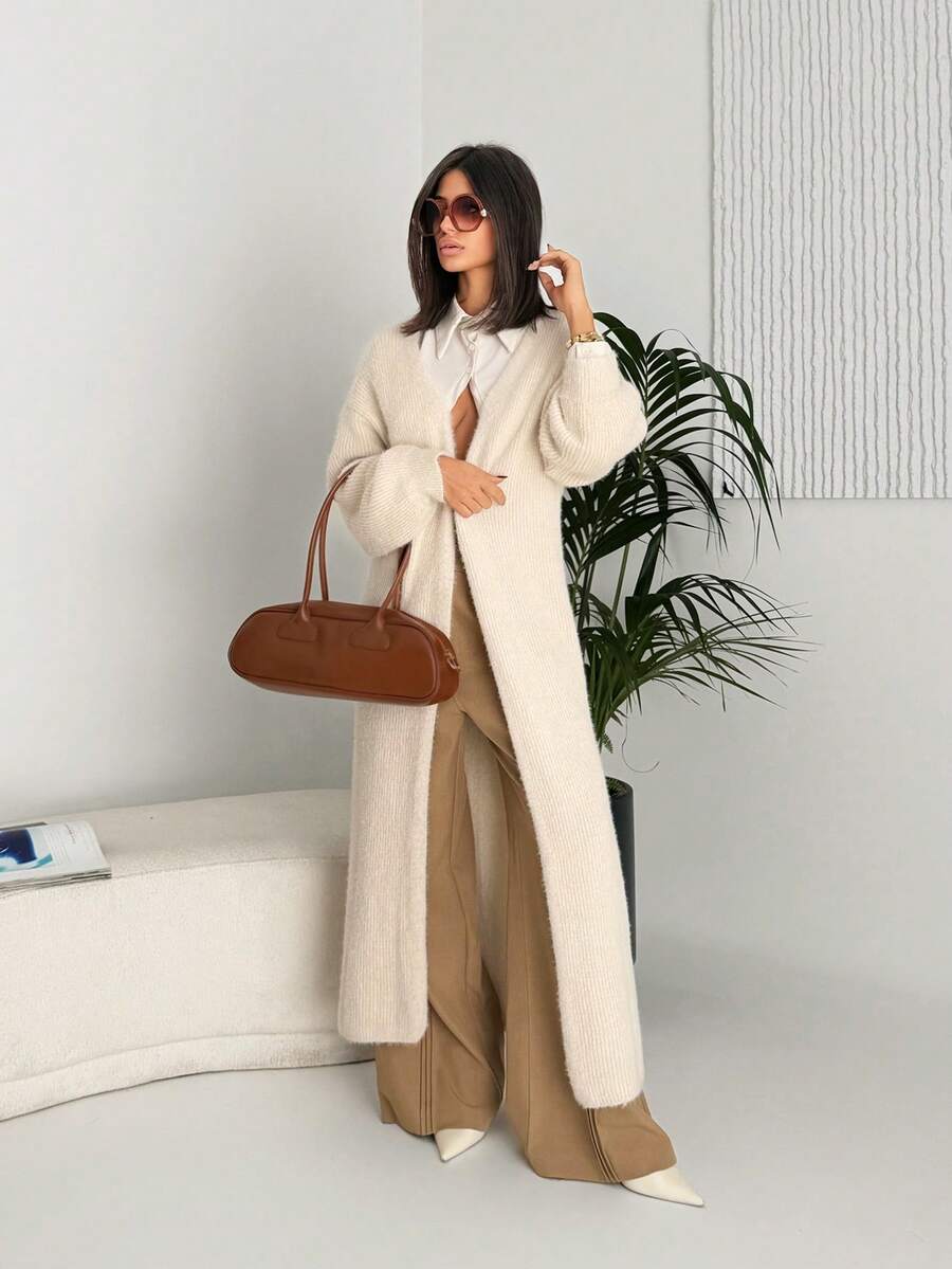 Ronhire Apricot Plush Extra Long Cardigan,Women's Solid Color Casual Knit Cardigan,Fall Women Outfits,Winter Women Clothes,Women Sweaters ,Soft And Comfortable Fabric Warm, Simple Fashion, Old Money Style, Suitable For Daily Street, Commuting, Home Wear,Ladies Winter Casual Drop Shoulder Loose Khaki Plain Women Cardigans,Casual Daily Wear Long Cardigans Ladiesduster Cardiganlong Sweater Cardigan - Khaki - View 1