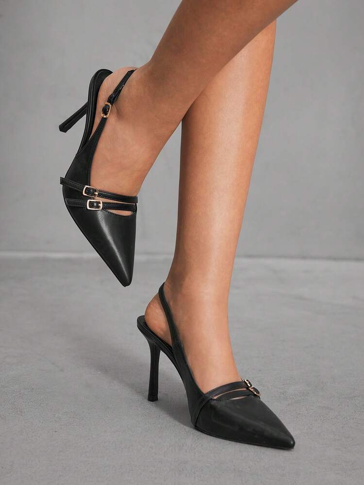 CUCCOO SZL Black PU Leather Gold Buckle Fashionable Elegant Business Pointed Toe High Heel Pumps