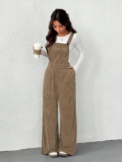 SHEIN EZwear Women's Casual Camel Color Jumpsuit, Minimalist Fashion For Everyday Wear, Autumn/Winter