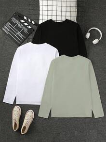 SHEIN Vacaura 3pcs Teenage Boys' Loose Fit Long Sleeve T-Shirts With Los Angeles, California, New York Slogan Prints, Black, White, Green, Casual, Fashionable, Suitable For Travel, Daily, Home, Party, Sports Wear - Multicolor - View 2