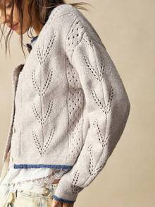 Bohemela Autumn/Winter Women's Casual Everyday Commute Contrast Binding Pointelle Knitted Cardigan, Western Country Style Concert, Suitable For Beach Vacation & Daily Wear & Back To School & Going Out, Christmas, New Year