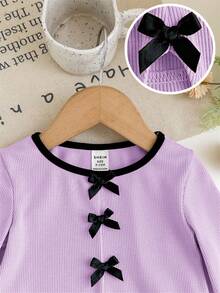 LMoss Kids Young Girl Knit Contrast Color Round Neck Fitted Top, Suitable For School Wear - Purple - View 3