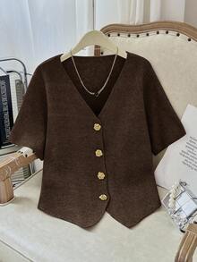 Modelyn Plus Size Solid Color V-Neck Button Front Casual Short Sleeve Sweater Fall - Coffee Brown - View 1