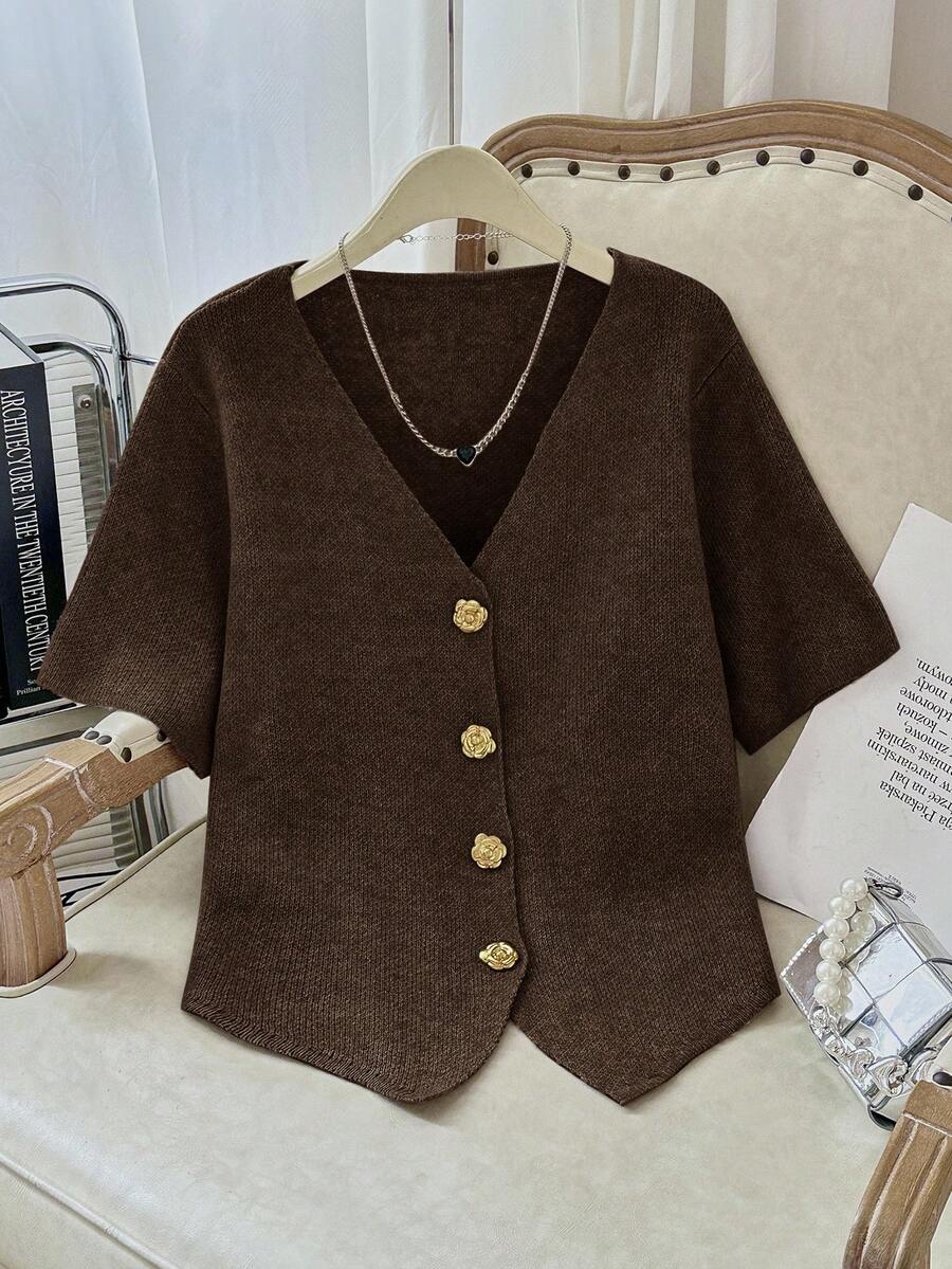 Modelyn Plus Size Solid Color V-Neck Button Front Casual Short Sleeve Sweater Fall - Coffee Brown - View 1