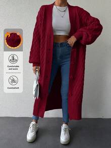 EURMUSE 女士纯色灯笼袖单排扣长款休闲开衫，秋冬季 - 酒紅色 - 查看 1