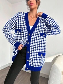 EURMUSE Women's Button Front Cardigan With Houndstooth Pattern - Blue - View 3