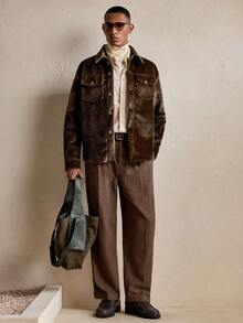 Business Casual AKNOTIC 男士复古仿皮草纽扣长袖衬衫，圣诞派对、商务休闲、秋季、男友礼物、复古 - 棕色 - 查看 3