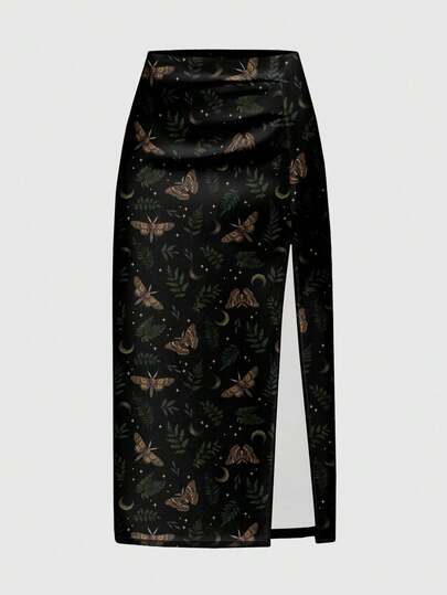 Gothic Dark Forest Witch Print Moth, Plant Leaf, Sun & Moon Star Pattern Black High Slit Skirt For Women