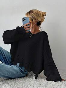 EURMUSE 落肩袖仿舊條紋針織套頭毛衣 - 黑色 - 查看 3