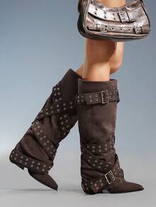 CUCCOO GRLICON 女式黑色拼布高筒靴，西部风格叠跟尖头靴 - 咖啡棕 - 查看 4