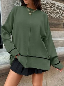 EURMUSE Women's Solid Color Crew Neck Long Sleeve Minimalist Sweater, Casual Everyday - Army Green - View 3