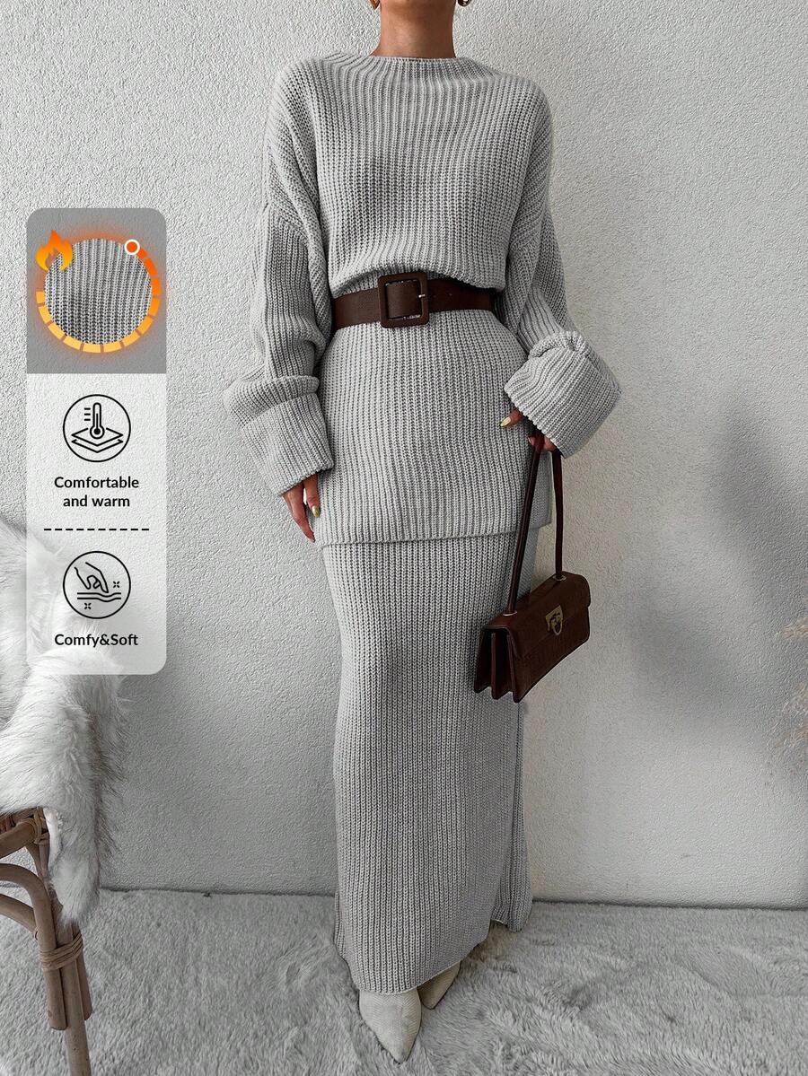 EURMUSE Women's Solid Color Knitted Sweater 2pcs/set (without Belt) - Light Grey - View 1