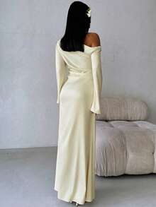 Aloruh Vestido maxi body con de cuello en V, con mangas abullonadas y drapeado, estilo elegante, color rosa, adecuado para el Día de San Valentín