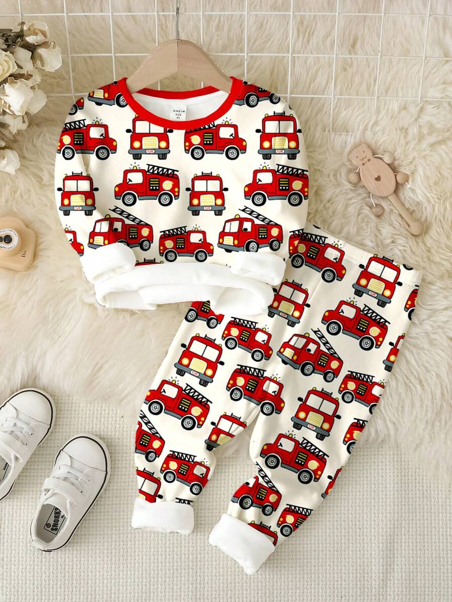SHEIN Baby Jungen Lässig bequemer süßer Stil Cartoon Auto Muster eng anliegende Langarm Rundhals Hose Pyjamas, geeignet für Herbst/Winter