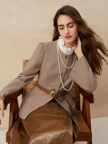 INAWLY Women's Round Neck Houndstooth Blazer (With Belt) - Multicolor - View 6
