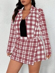 Easura Plus Size Houndstooth Print Lapel Collar Long Sleeve Blazer Paired With Elastic Waist Asymmetric Hem Skirt Pants 2 Pieces Casual Outfit