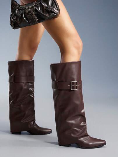 CUCCOO GRLICON Women's Buckle Decor Square Toe Chunky Heel Over-The-Knee Boots, Suitable For Halloween, Christmas, Party Outfits In Autumn