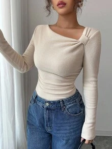 SHEIN PETITE Nouveau T-shirt à manches longues plissé avec col oblique en côtes brossées de couleur unie pour l'automne/hiver, top casual slim fit