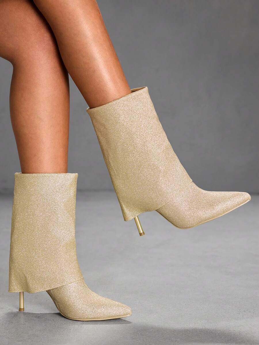 CUCCOO SZL Women's Pointed Toe High Heel Boots, Glitter Fabric Design, Fashionable, Comfortable For Daily, Party, And Banquet, Side Zipper Closure