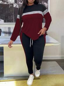 EMERY ROSE Große Größen Set mit kontrastfarbigen Streifen, Rundhalsausschnitt, Langarm, locker geschnitten, 2 Stücke - Verschiedenfarbig - Übersicht 4