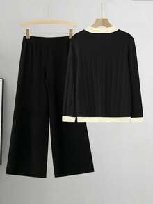 SHEIN LUNE بدلة كاجوال من سترة كارديجان مضفرة بأكمام طويلة وبنطال مضفر، مقاسات كبيرة للنساء، موسم الخريف/الشتاء - متعدد الألوان - مشاهدة 2